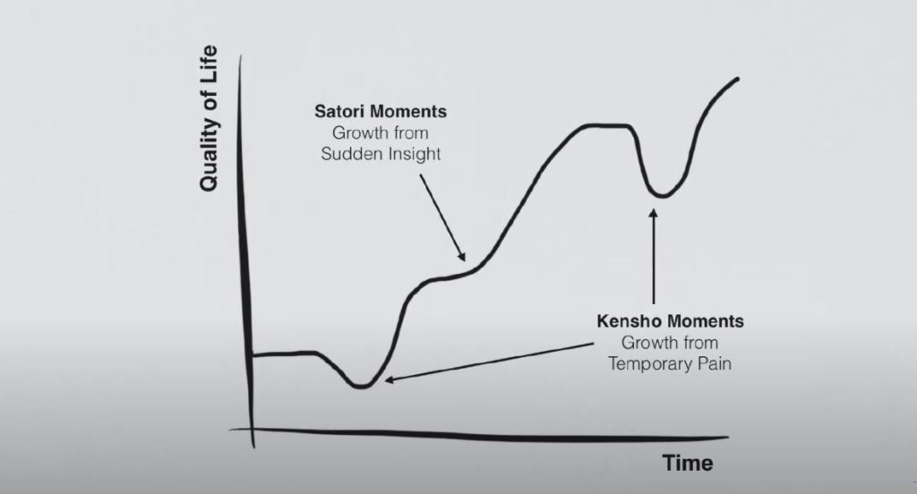 The Zen philosophy graph and how kensho moments are learning through pain and satori moments are learning throughout discovering something 